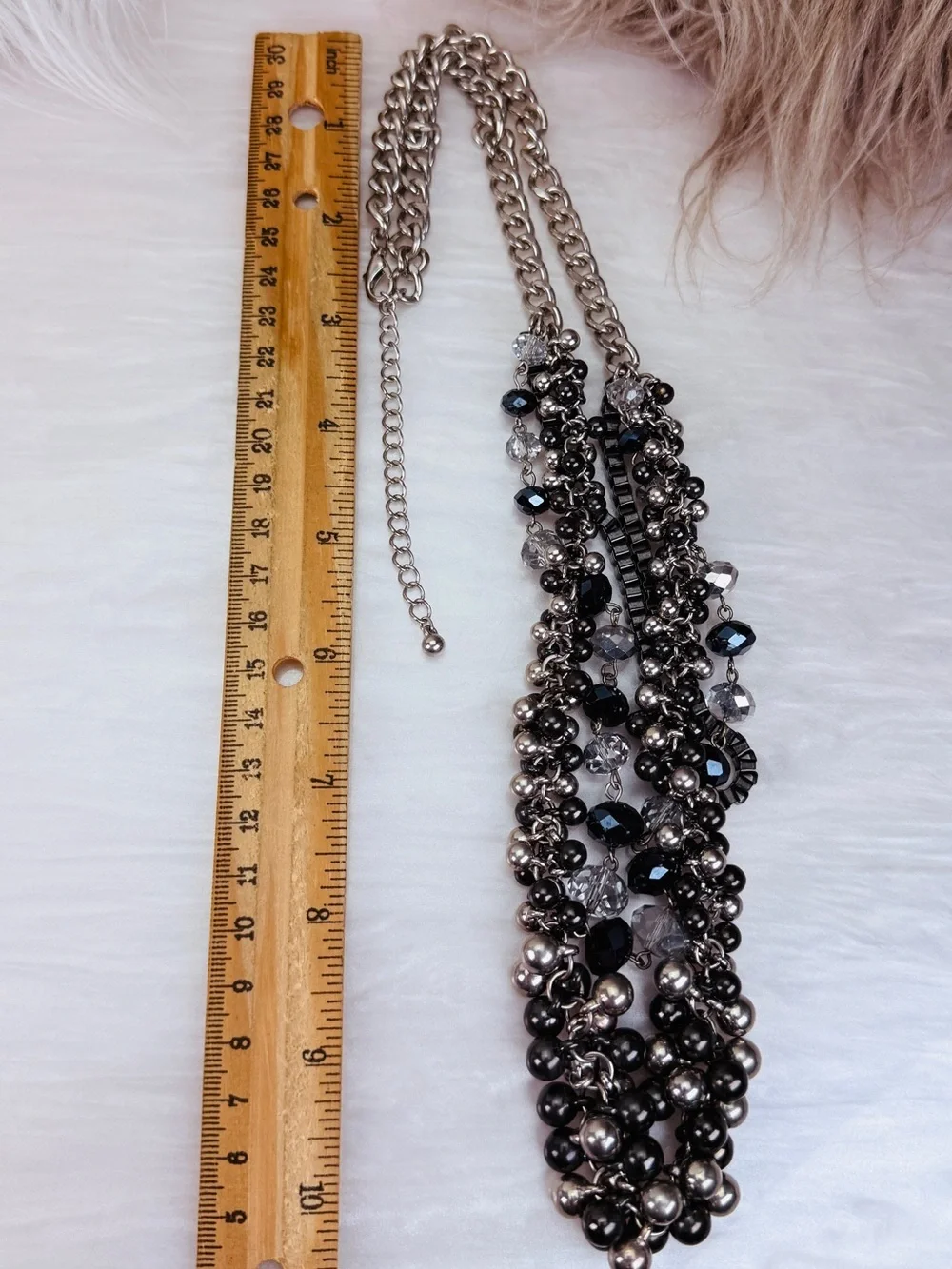 Beautiful, 3 strand, multi chain, black gunmetal beaded costume draping necklace